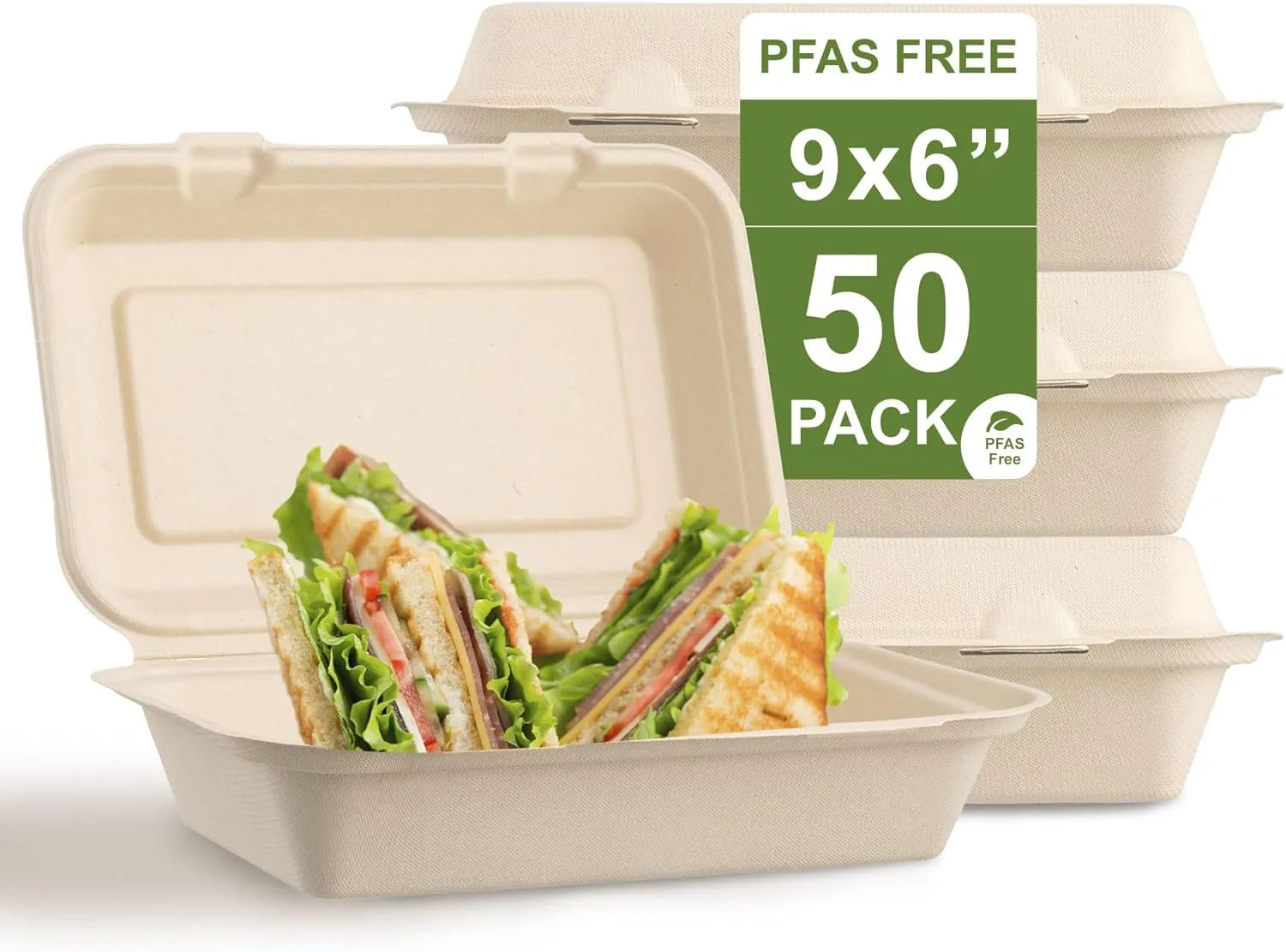 [50 COUNT]Harvest Pack PFAS FREE 9 X 6" Compostable Clamshell Food Containers, Heavy-Duty Hinged Container, Disposable Bagasse Eco-Friendly Natural Takeout to go Box, Made from Sugarcane Plant