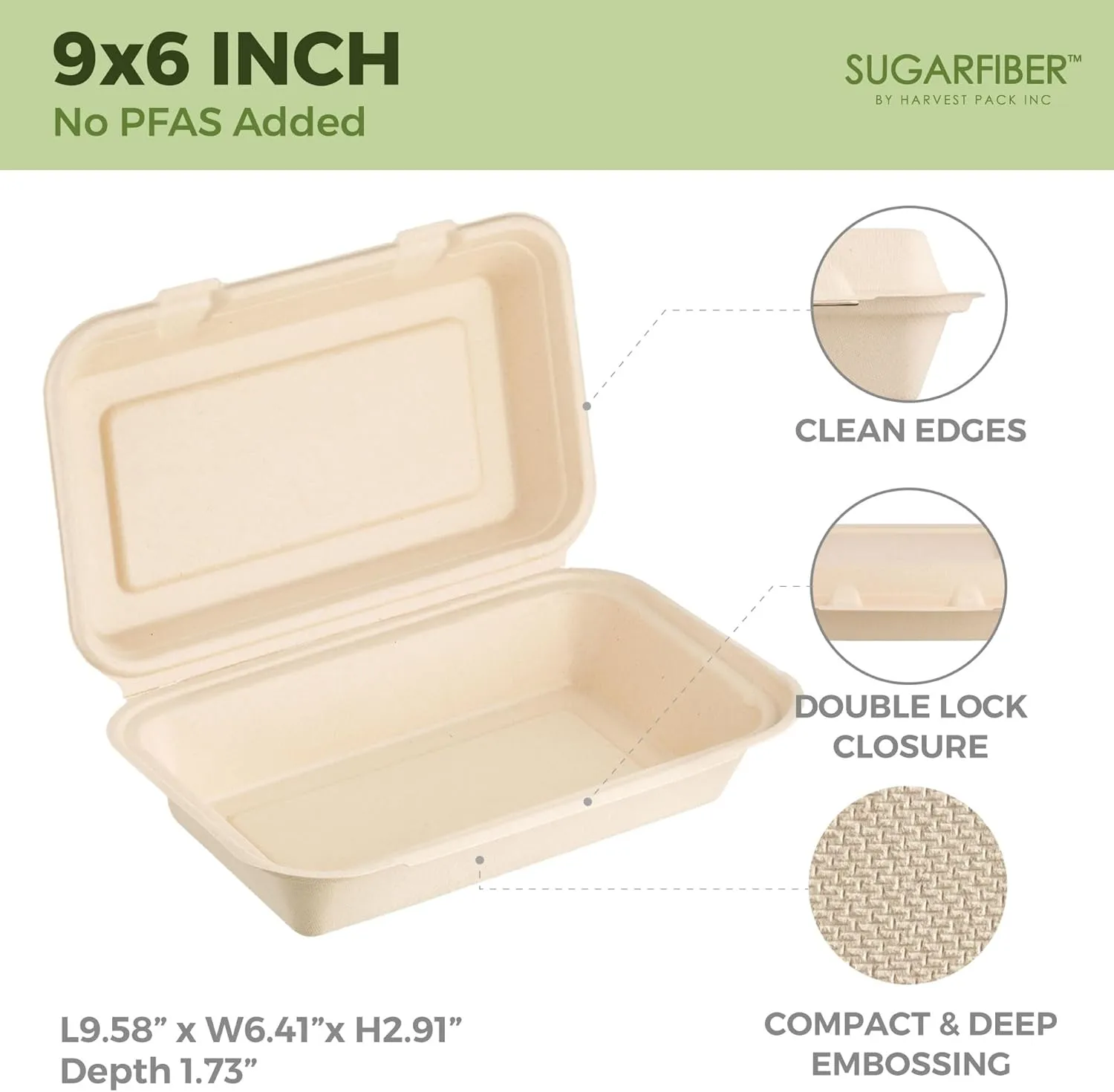 [50 COUNT]Harvest Pack PFAS FREE 9 X 6" Compostable Clamshell Food Containers, Heavy-Duty Hinged Container, Disposable Bagasse Eco-Friendly Natural Takeout to go Box, Made from Sugarcane Plant