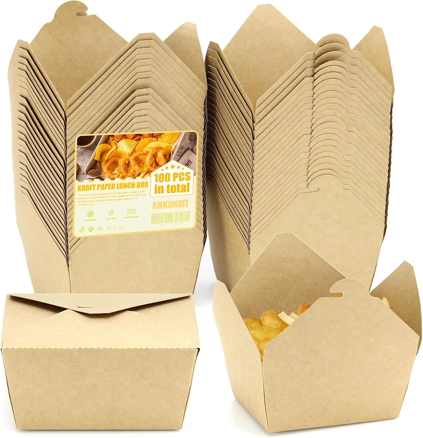50 Pack 28 oz Take Out Food Containers, Microwavable Kraft Brown Paper To Go Boxes for Food,Heavy Duty Grease Resist Paper Lunch Box Cardboard Take Out Box for Restaurant, Household and Party