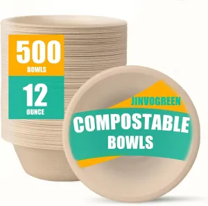 500 Count 12 oz Paper Bowls, Disposable Compostable Bowls Bulk, Heavy Duty Biodegradable Bagasse Bowl for Snacks, Soup, and Salads, Natural