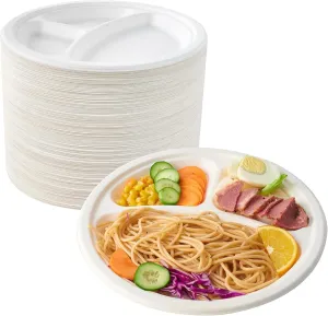5Seconds 125Pcs Eco-Friendly Sugarcane Bagasse 3 Compartment Plates, Sturdy 9-Inch Disposable Plates, Biodegradable & Compostable, Ideal for Parties, BBQs, Picnics, Catering, Sustainable Tableware