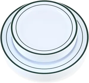 60 Pieces White Plastic Disposable Plates - Premium Heavy-Duty 30 Dinner Plates & 30 Salad Plates with Hunter Green Rim Ideal for Party, Birthday and Special Events