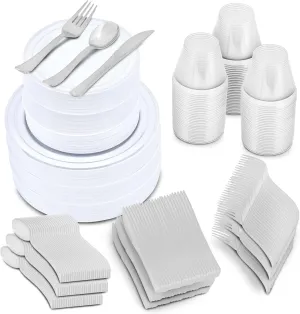 600-Piece Premium Plastic Dinnerware Set for 100 Guests - Includes 100 Dinner Plates, Salad Plates, Cutlery (Forks, Knives, Spoons), Cups - White with Silver Rim