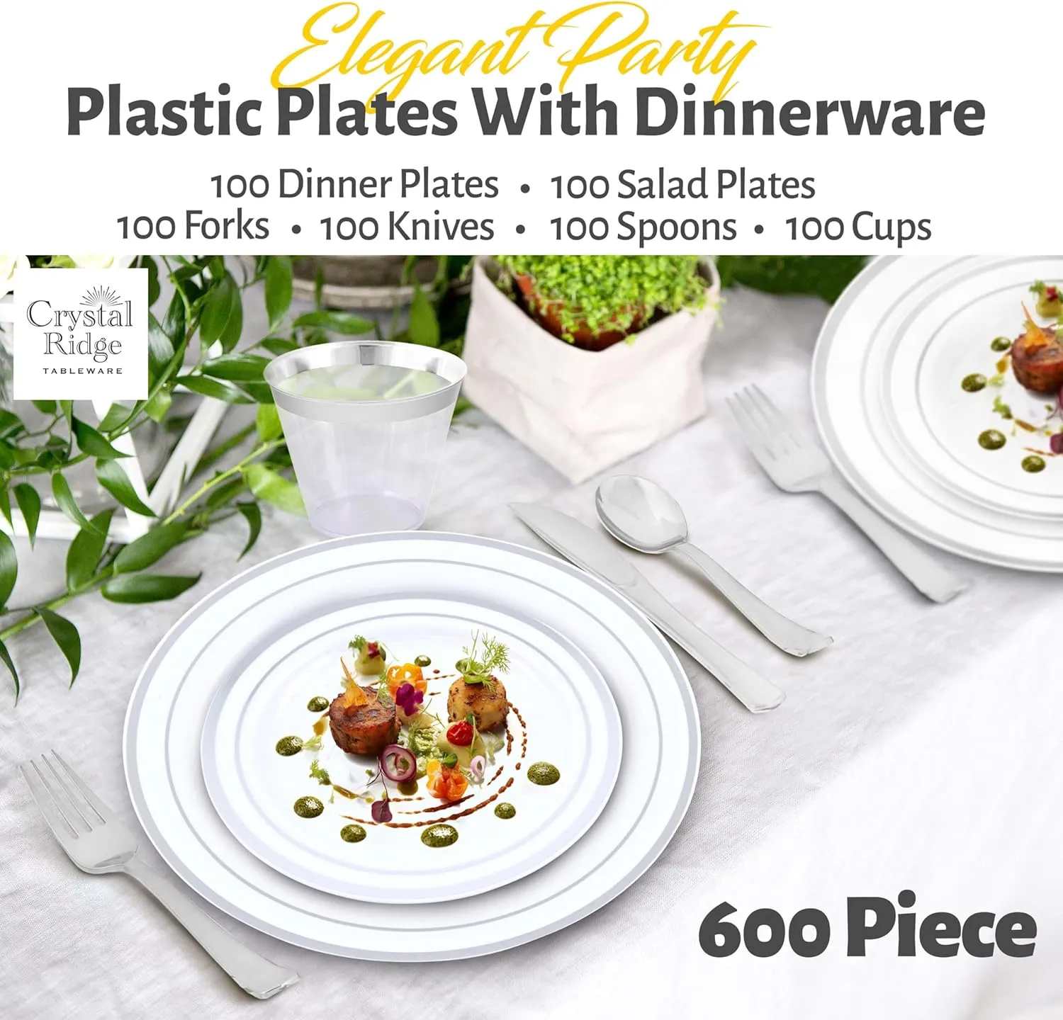 600-Piece Premium Plastic Dinnerware Set for 100 Guests - Includes 100 Dinner Plates, Salad Plates, Cutlery (Forks, Knives, Spoons), Cups - White with Silver Rim