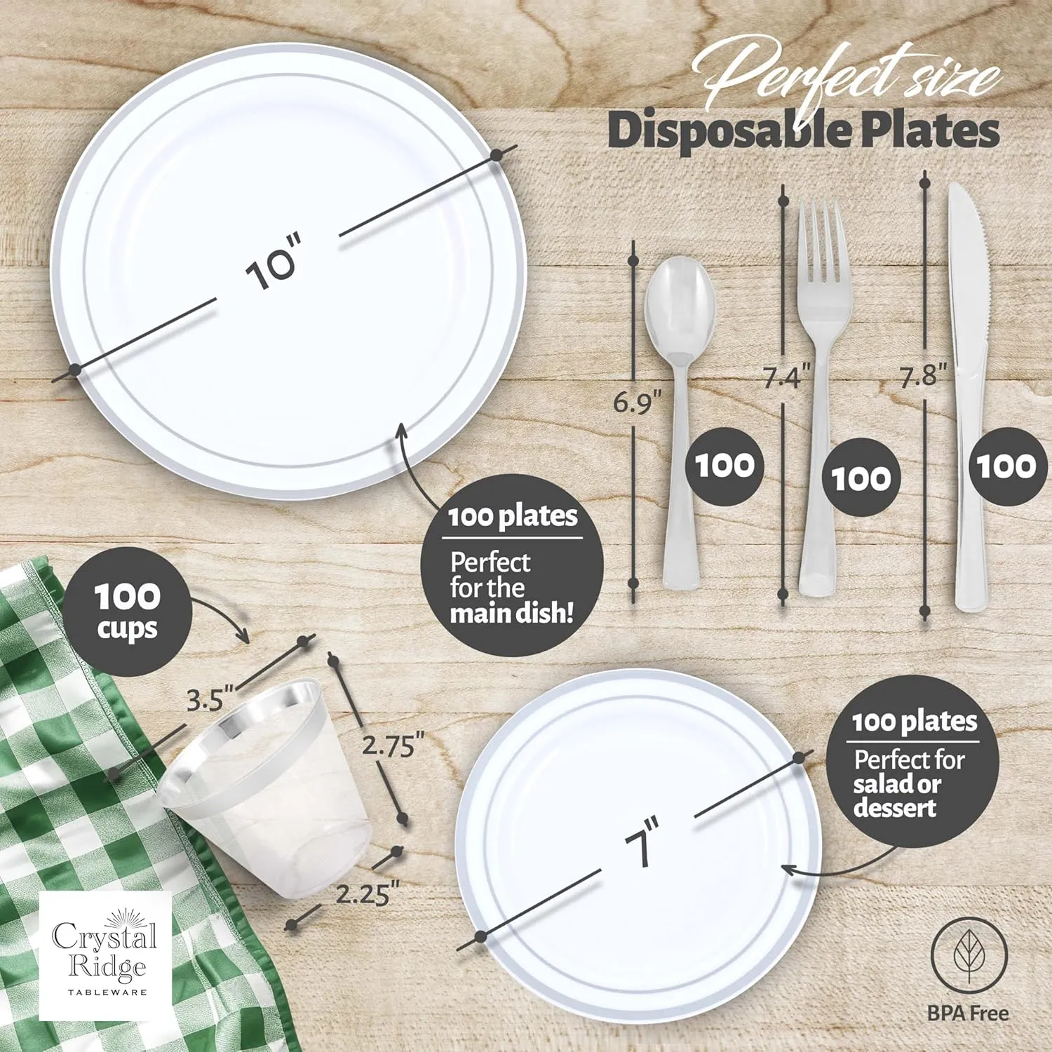600-Piece Premium Plastic Dinnerware Set for 100 Guests - Includes 100 Dinner Plates, Salad Plates, Cutlery (Forks, Knives, Spoons), Cups - White with Silver Rim