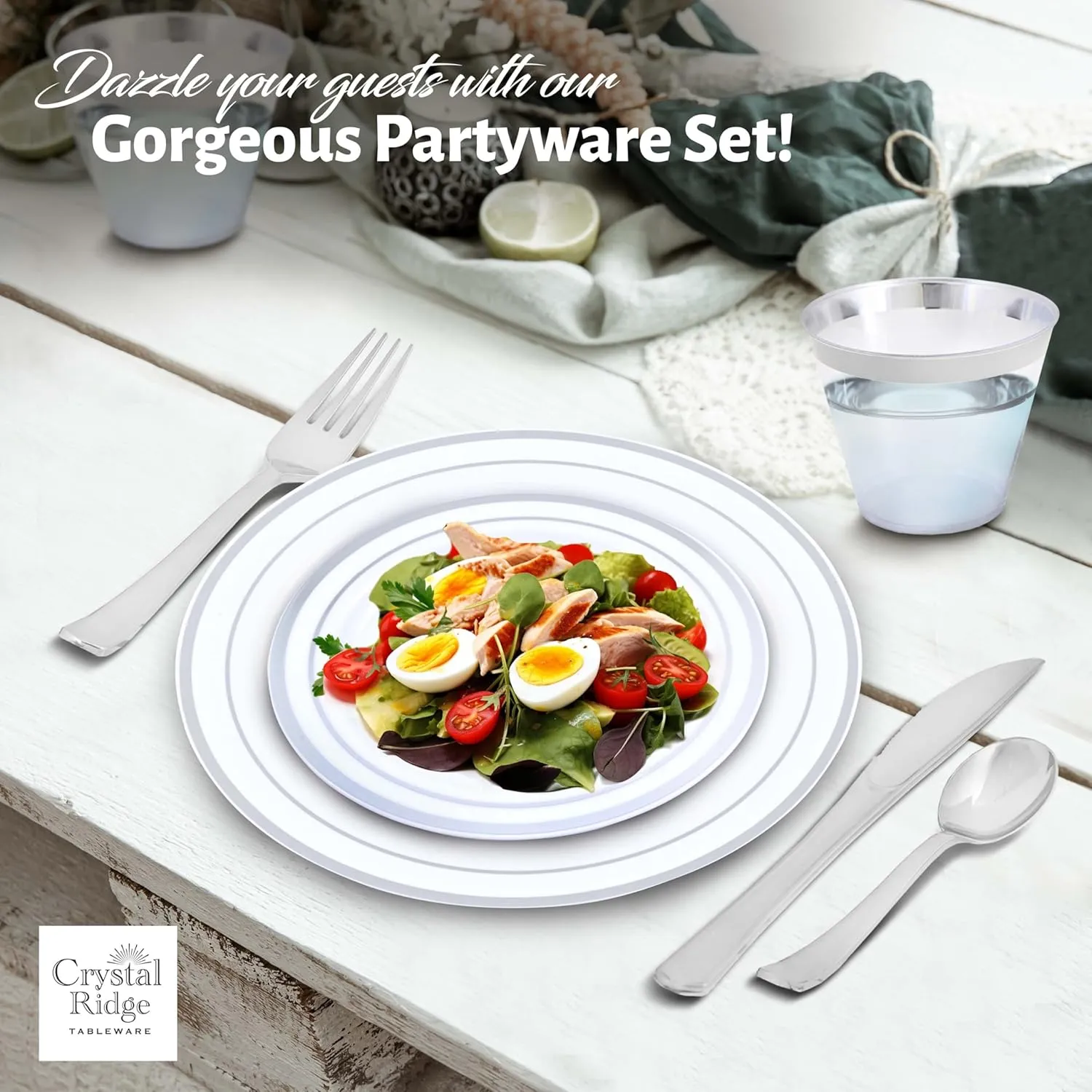 600-Piece Premium Plastic Dinnerware Set for 100 Guests - Includes 100 Dinner Plates, Salad Plates, Cutlery (Forks, Knives, Spoons), Cups - White with Silver Rim