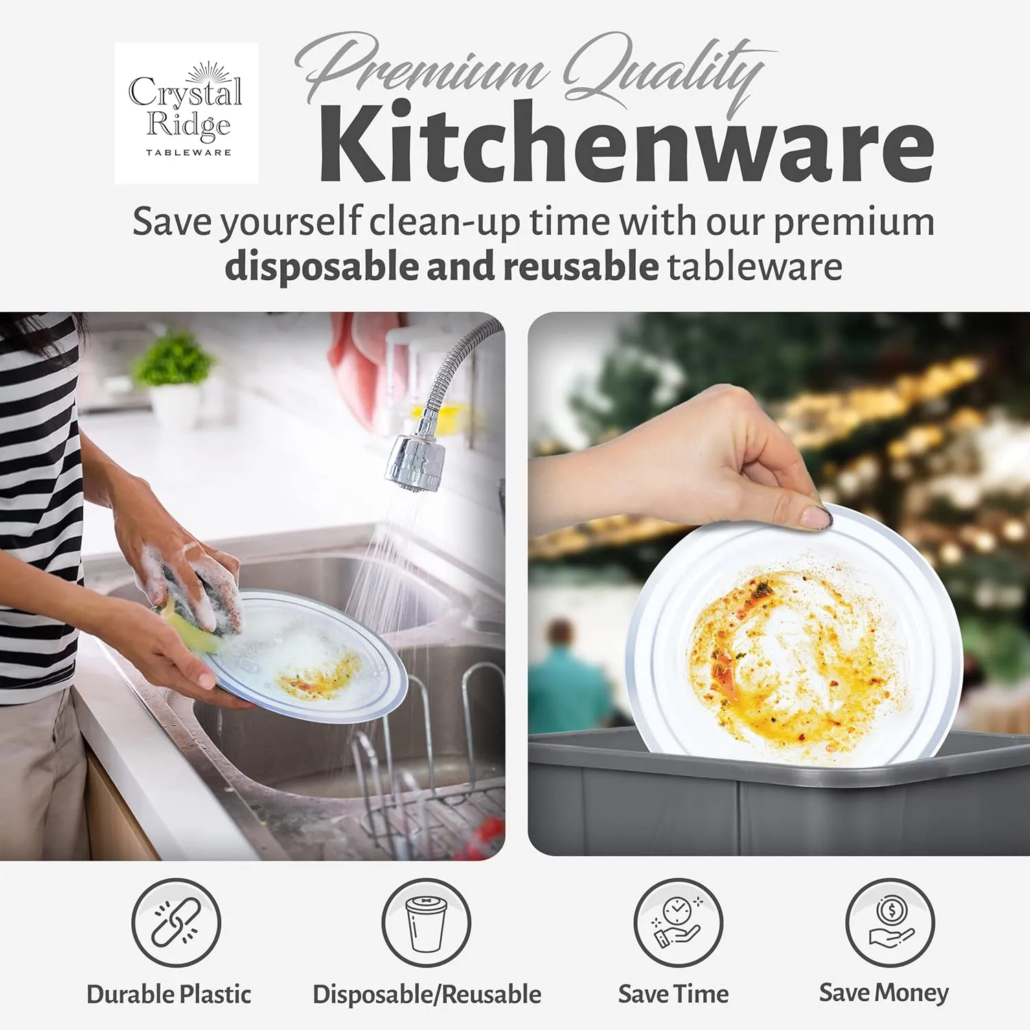 600-Piece Premium Plastic Dinnerware Set for 100 Guests - Includes 100 Dinner Plates, Salad Plates, Cutlery (Forks, Knives, Spoons), Cups - White with Silver Rim