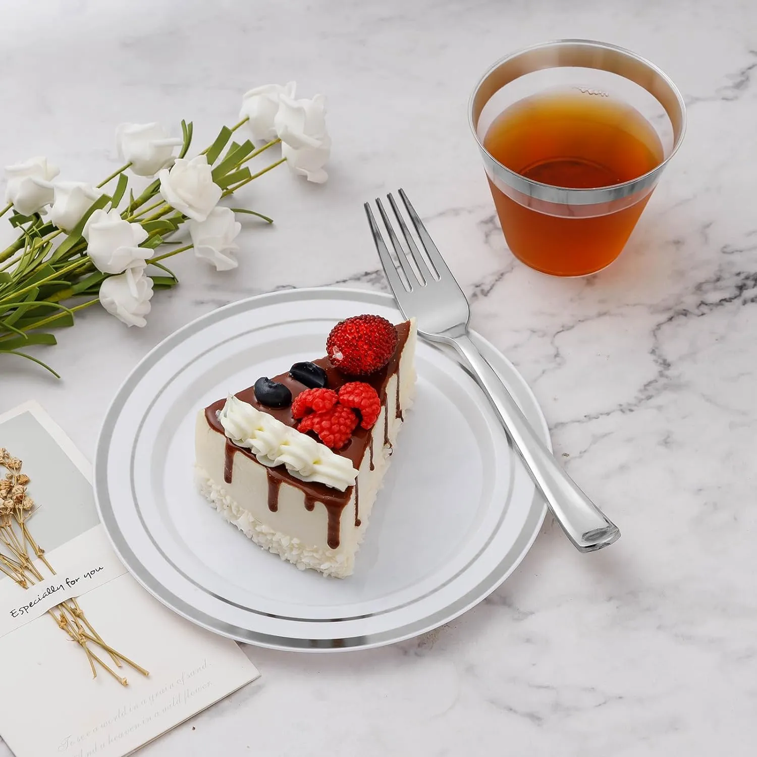 600PCS Silver Dinnerware Set for 100 Guests, Plastic Plates for Party, 100 Silver Disposable Plates, 100 Dessert Plates, 100 Cups, 100 Spoons, 100 Forks and 100 Knives