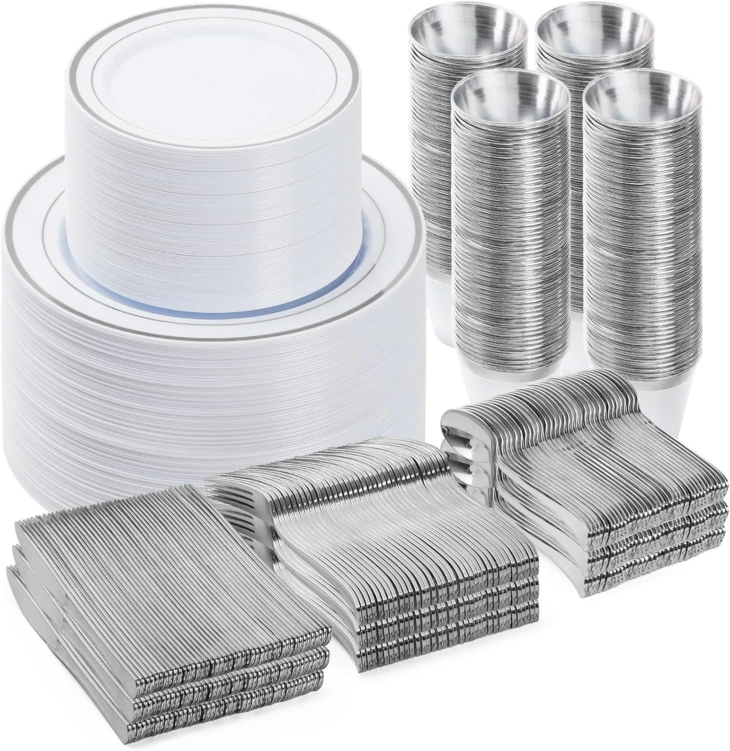 600PCS Silver Dinnerware Set for 100 Guests, Plastic Plates for Party, 100 Silver Disposable Plates, 100 Dessert Plates, 100 Cups, 100 Spoons, 100 Forks and 100 Knives