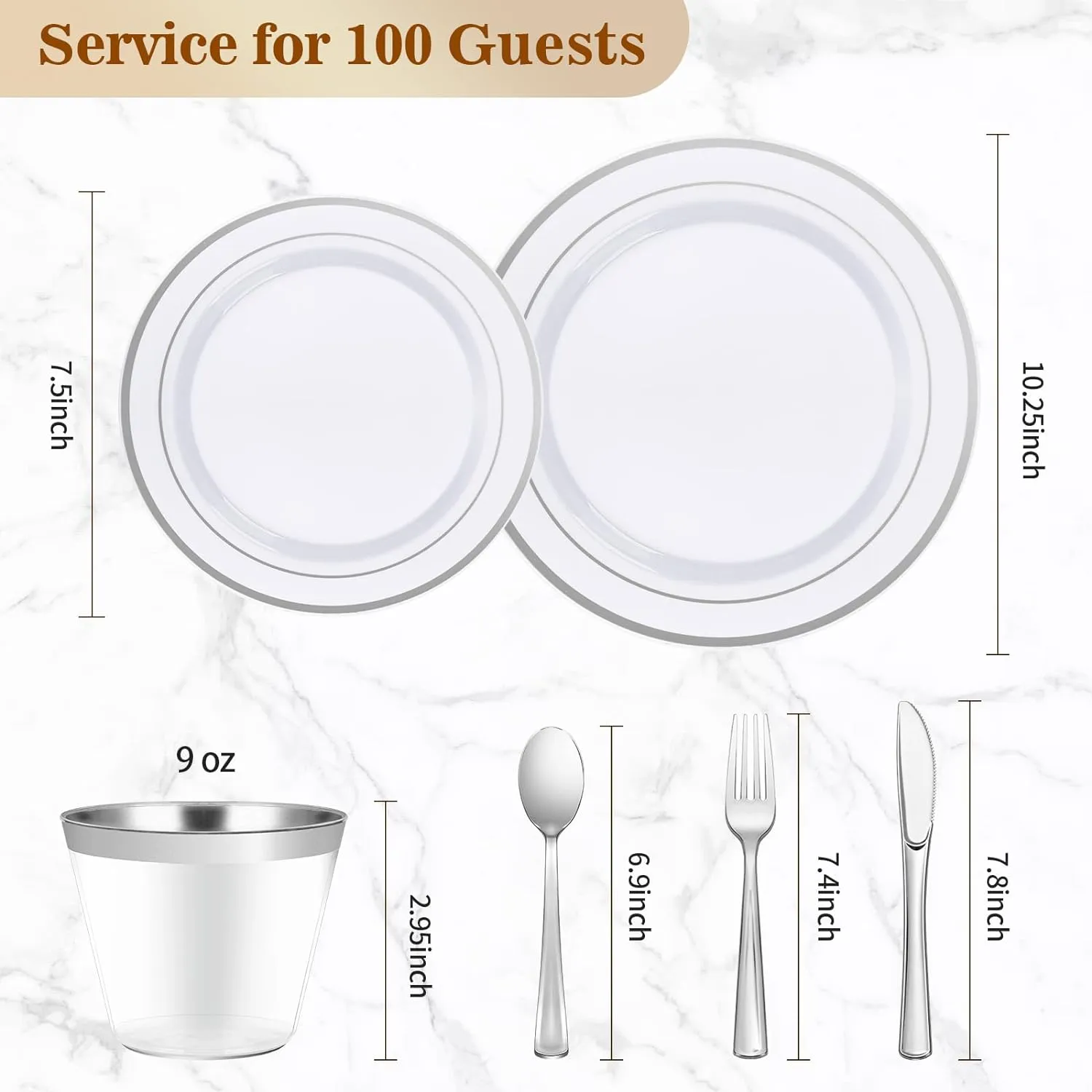 600PCS Silver Dinnerware Set for 100 Guests, Plastic Plates for Party, 100 Silver Disposable Plates, 100 Dessert Plates, 100 Cups, 100 Spoons, 100 Forks and 100 Knives