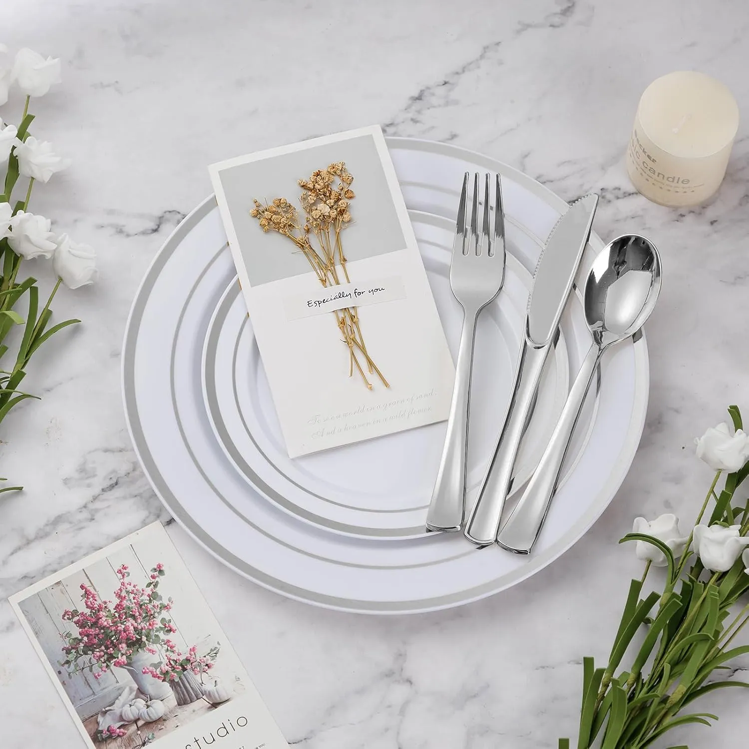 600PCS Silver Dinnerware Set for 100 Guests, Plastic Plates for Party, 100 Silver Disposable Plates, 100 Dessert Plates, 100 Cups, 100 Spoons, 100 Forks and 100 Knives