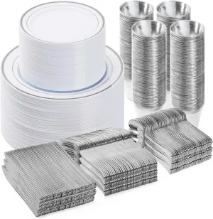 600PCS Silver Dinnerware Set for 100 Guests, Plastic Plates for Party, 100 Silver Disposable Plates, 100 Dessert Plates, 100 Cups, 100 Spoons, 100 Forks and 100 Knives