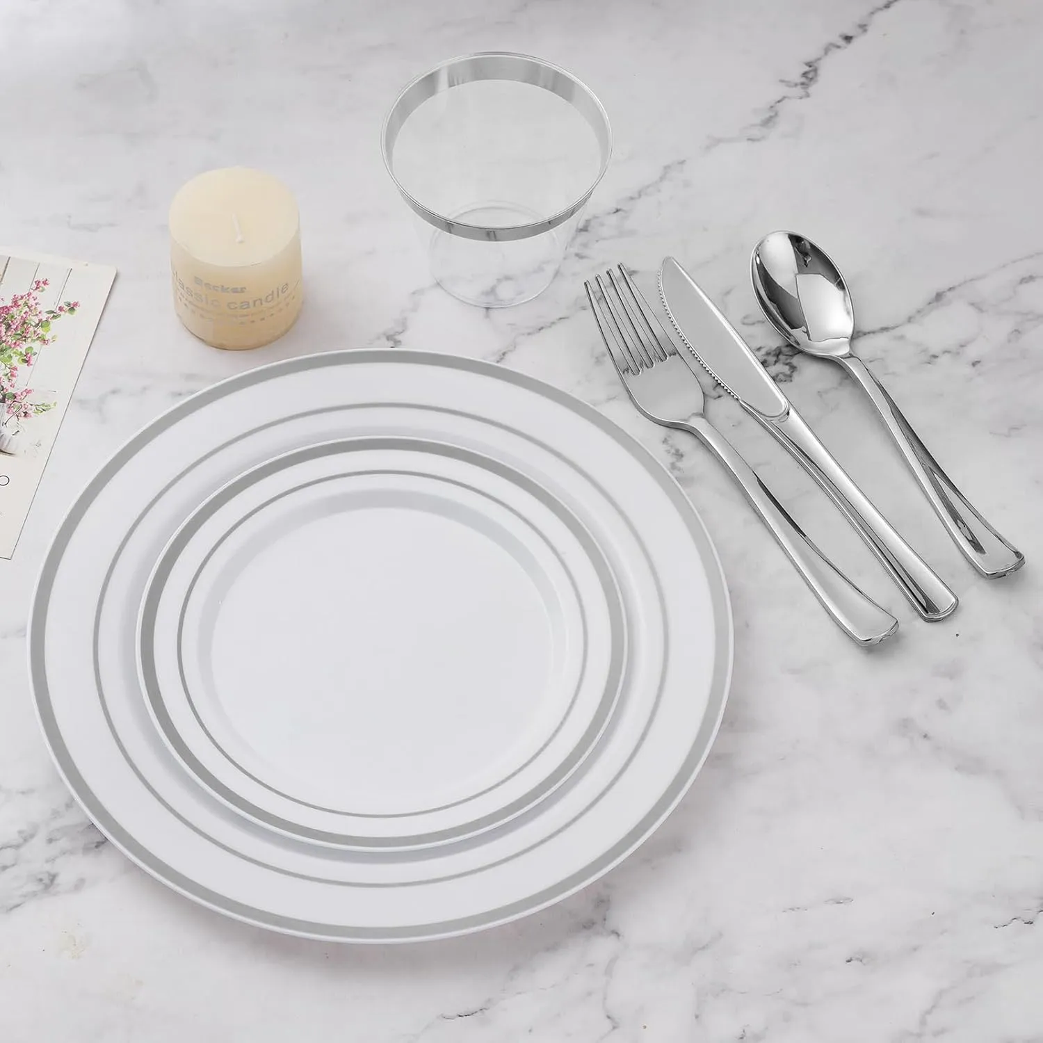 600PCS Silver Dinnerware Set for 100 Guests, Plastic Plates for Party, 100 Silver Disposable Plates, 100 Dessert Plates, 100 Cups, 100 Spoons, 100 Forks and 100 Knives