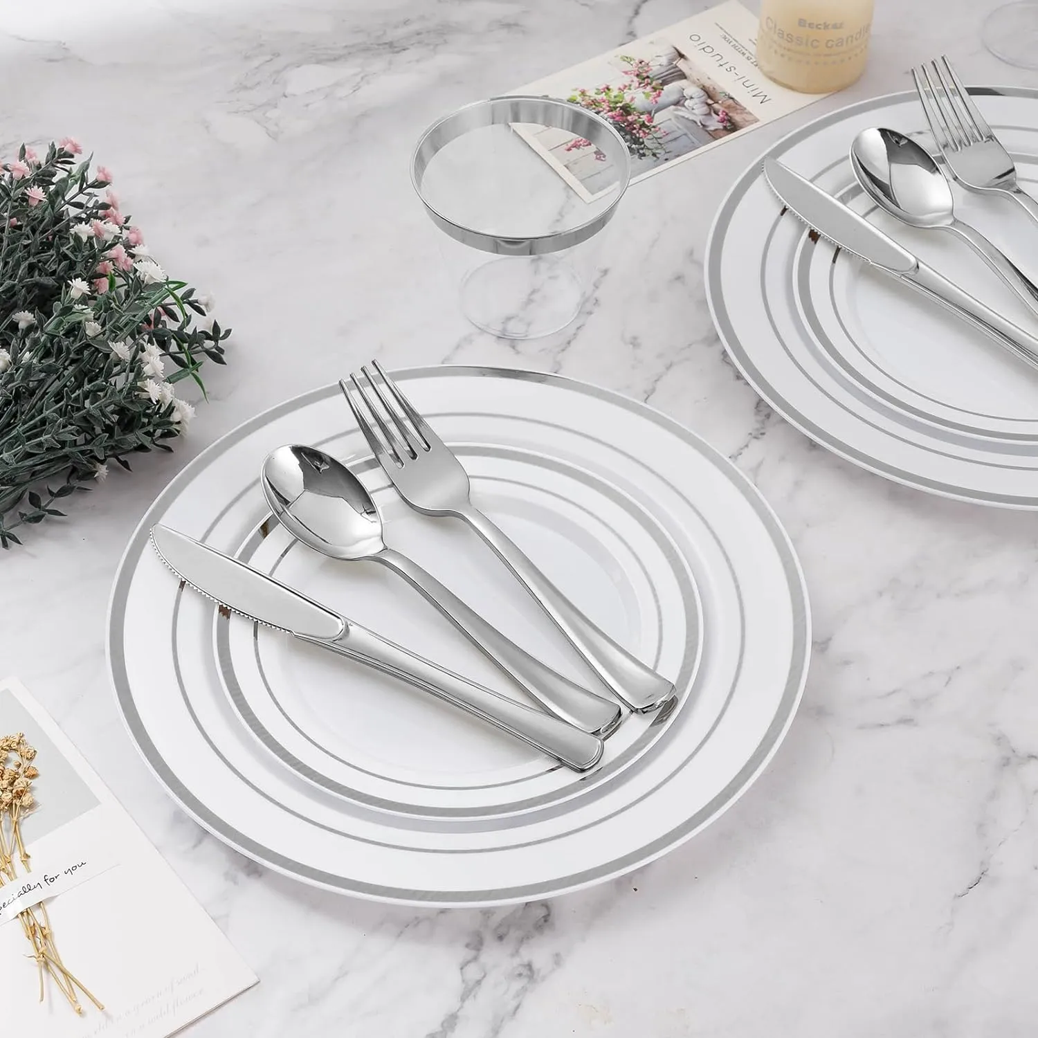 600PCS Silver Dinnerware Set for 100 Guests, Plastic Plates for Party, 100 Silver Disposable Plates, 100 Dessert Plates, 100 Cups, 100 Spoons, 100 Forks and 100 Knives