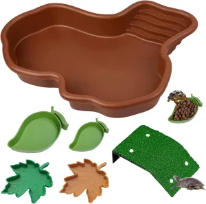 6PCS Tortoise Food and Water Bowl Set with Ramp, Leaf Reptile Dish, Large Bowl (12.2 x 9.8 x 2 inches), Great for Feeding, Bathing, Soaking, Sulcata Tortoise Habitat Accessories