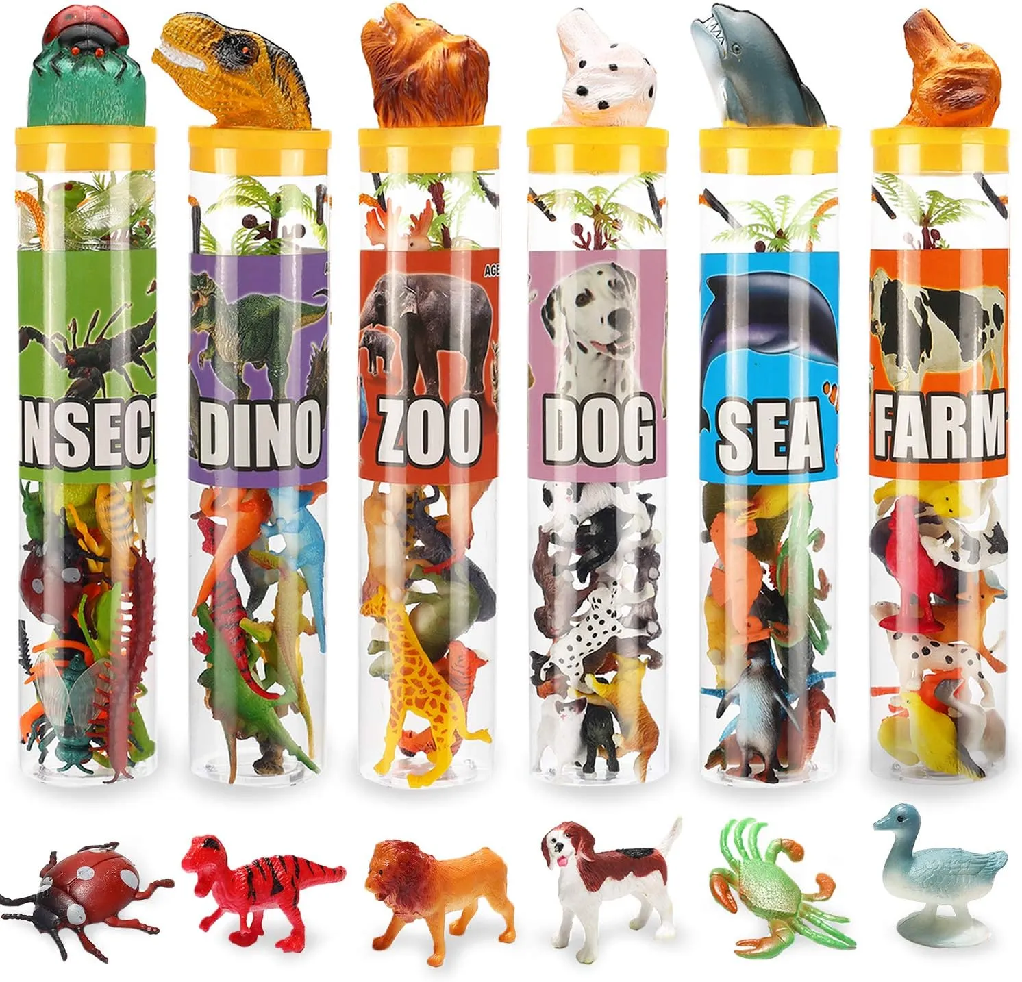 82 Piece Animal Toy, Assorted Mini Dinosaur Insect Ocean Sea Farm Jungle Animal Dog Figure, Realistic Vinyl Plastic Zoo Play Set, Small Toys for Sensory Bin Cupcake Topper Party Favors