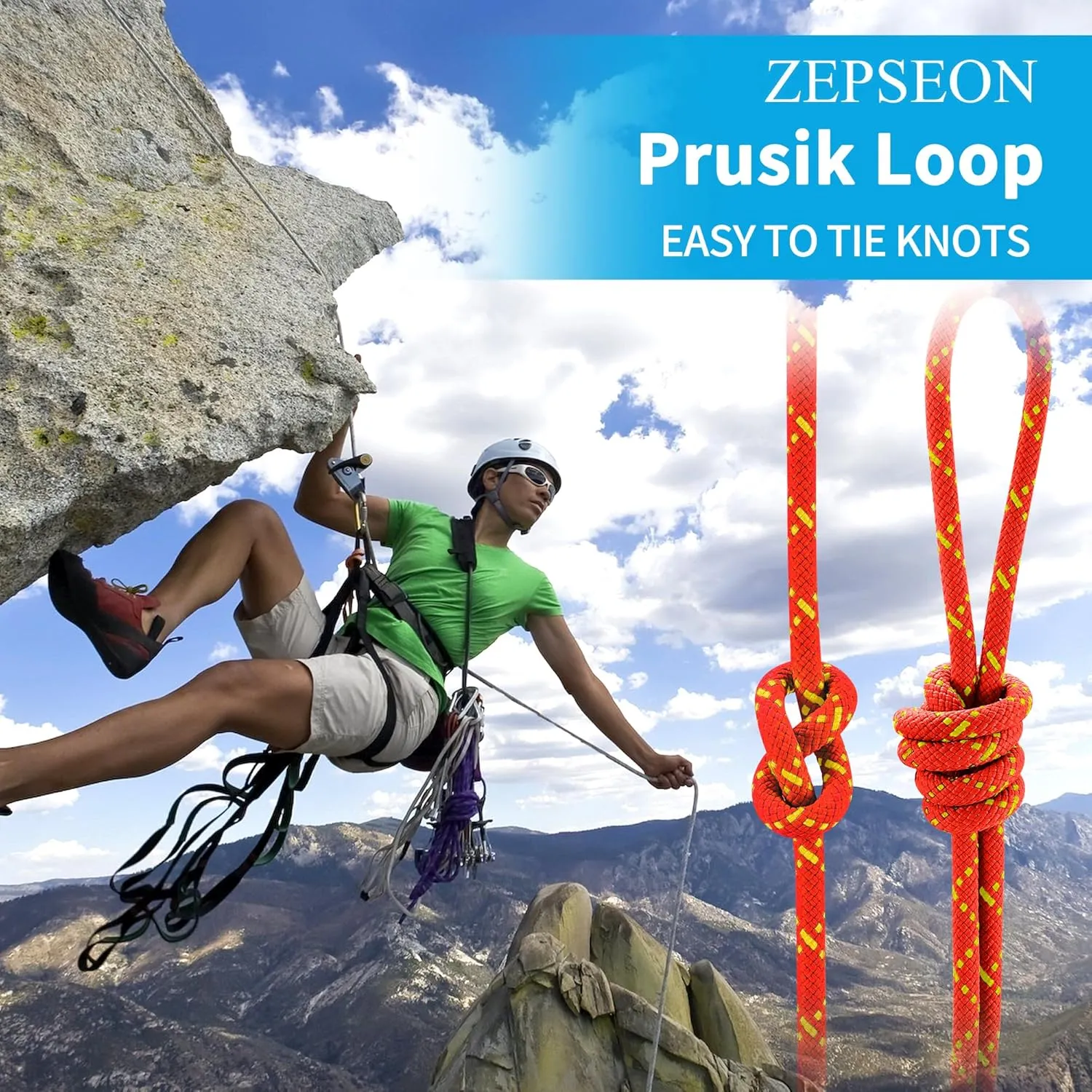 8mm Accessory Cord Prusik Cord (5/16in) 10M(32ft) Rock Climbing Accessories CE/UIAA Double Braid Pre Cut Nylon Cord High Tensile Strength for Mountain Tree Climbing, Canyoneering, Rescue