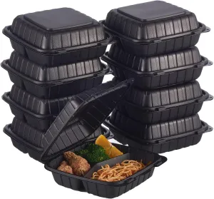 8X8 3-Compartment 50-Pack Plastic Clamshell Takeout Food Trays Heavy Duty Togo Disposable Box Carryout Meal Prep Packaging Catering Hinged Containers With Secure Snap Lid (Formerly FULING)