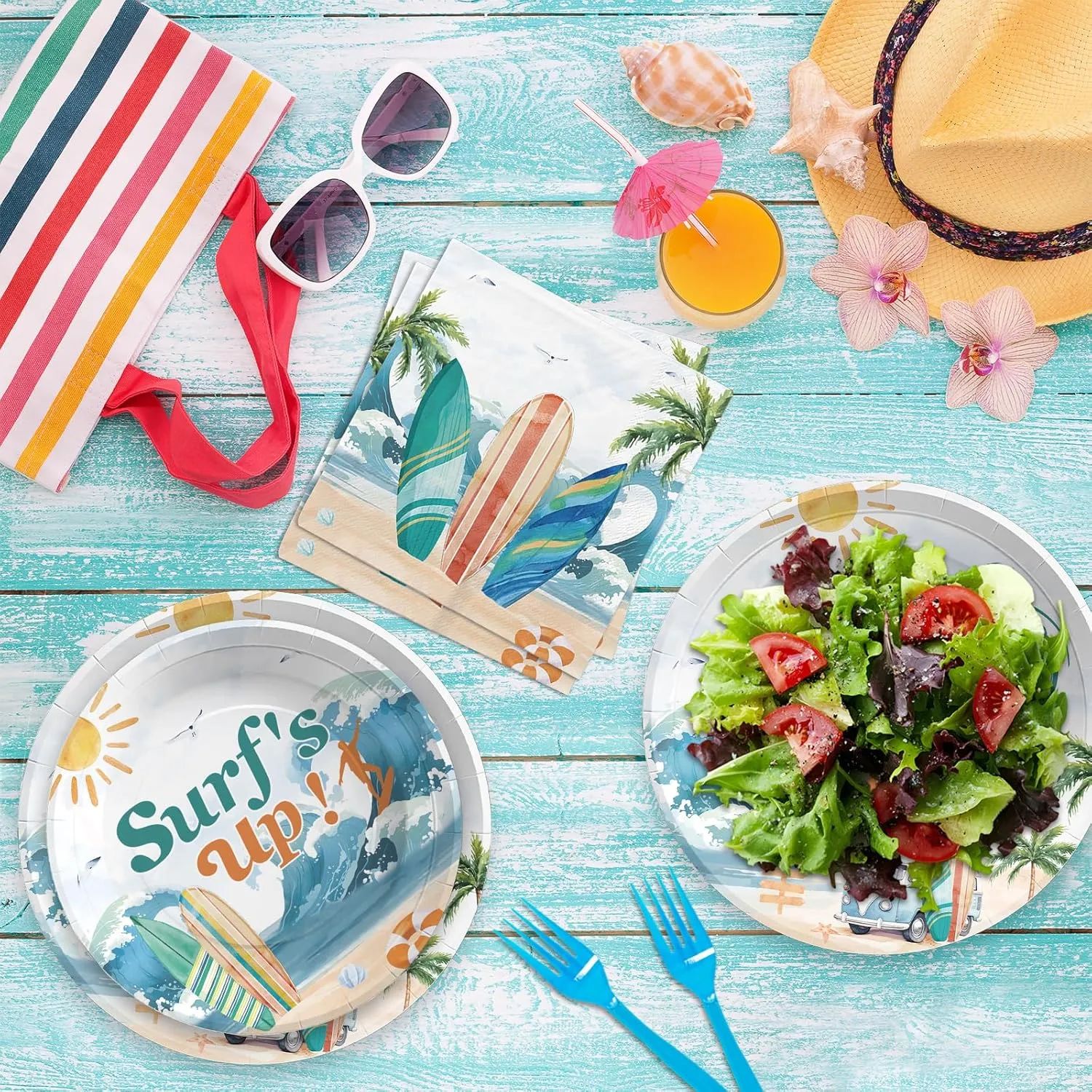 96 Pcs Surf's Up Party Decorations Summer Surf Birthday Plates and Napkins Tableware Sets Beach The Big One Party Decorations Favors for Hawaiian Boys Wave Surfing First Birthday Supplies Serve 24