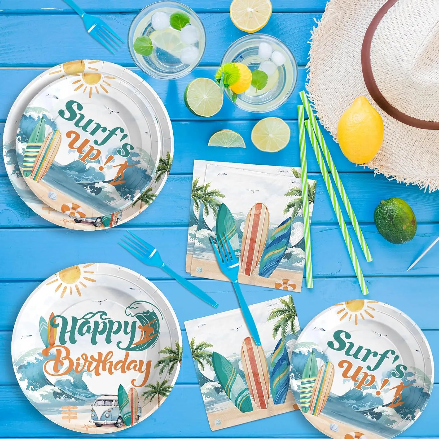 96 Pcs Surf's Up Party Decorations Summer Surf Birthday Plates and Napkins Tableware Sets Beach The Big One Party Decorations Favors for Hawaiian Boys Wave Surfing First Birthday Supplies Serve 24