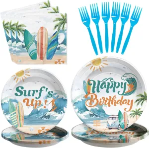 96 Pcs Surf's Up Party Decorations Summer Surf Birthday Plates and Napkins Tableware Sets Beach The Big One Party Decorations Favors for Hawaiian Boys Wave Surfing First Birthday Supplies Serve 24
