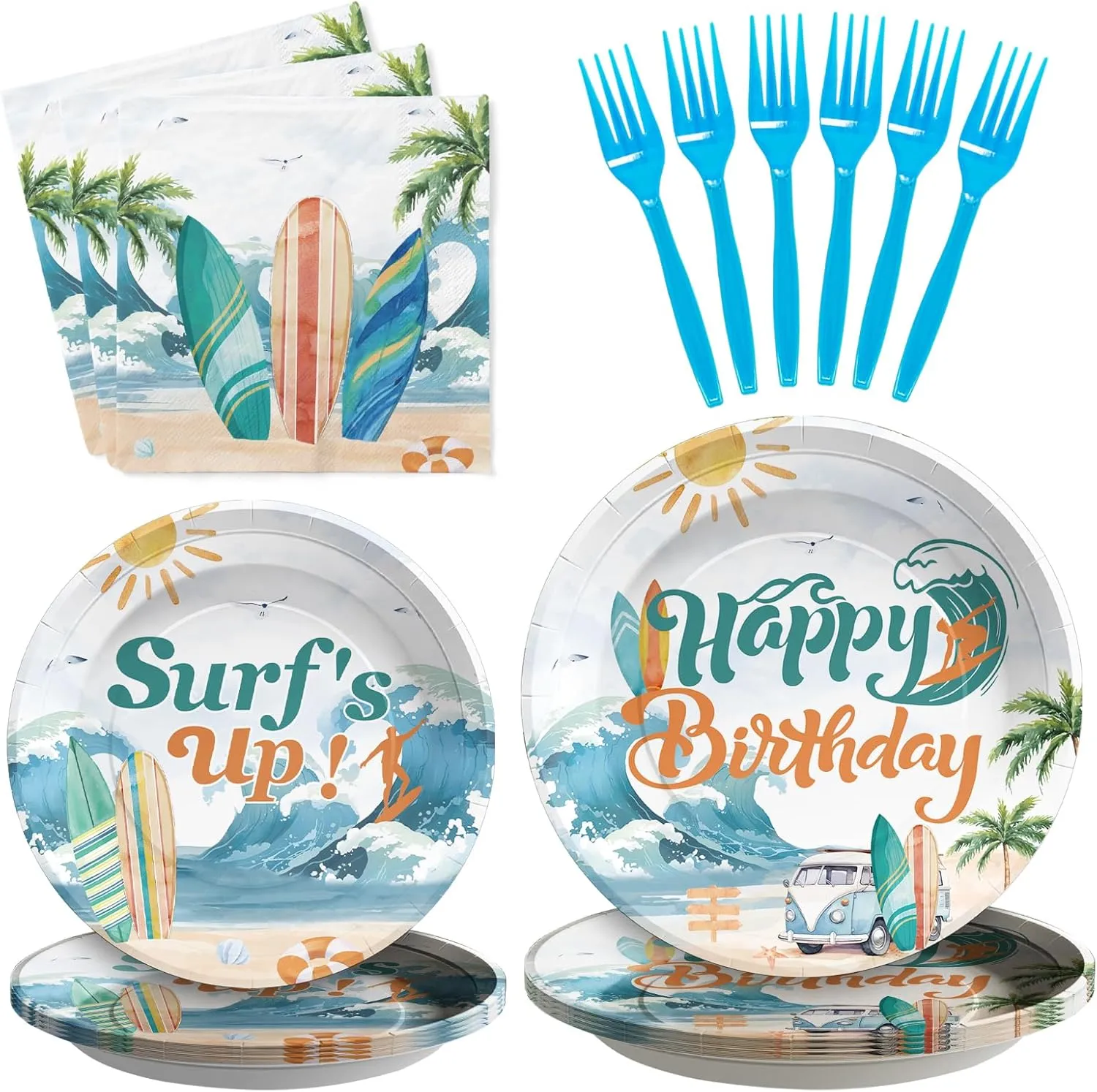 96 Pcs Surf's Up Party Decorations Summer Surf Birthday Plates and Napkins Tableware Sets Beach The Big One Party Decorations Favors for Hawaiian Boys Wave Surfing First Birthday Supplies Serve 24