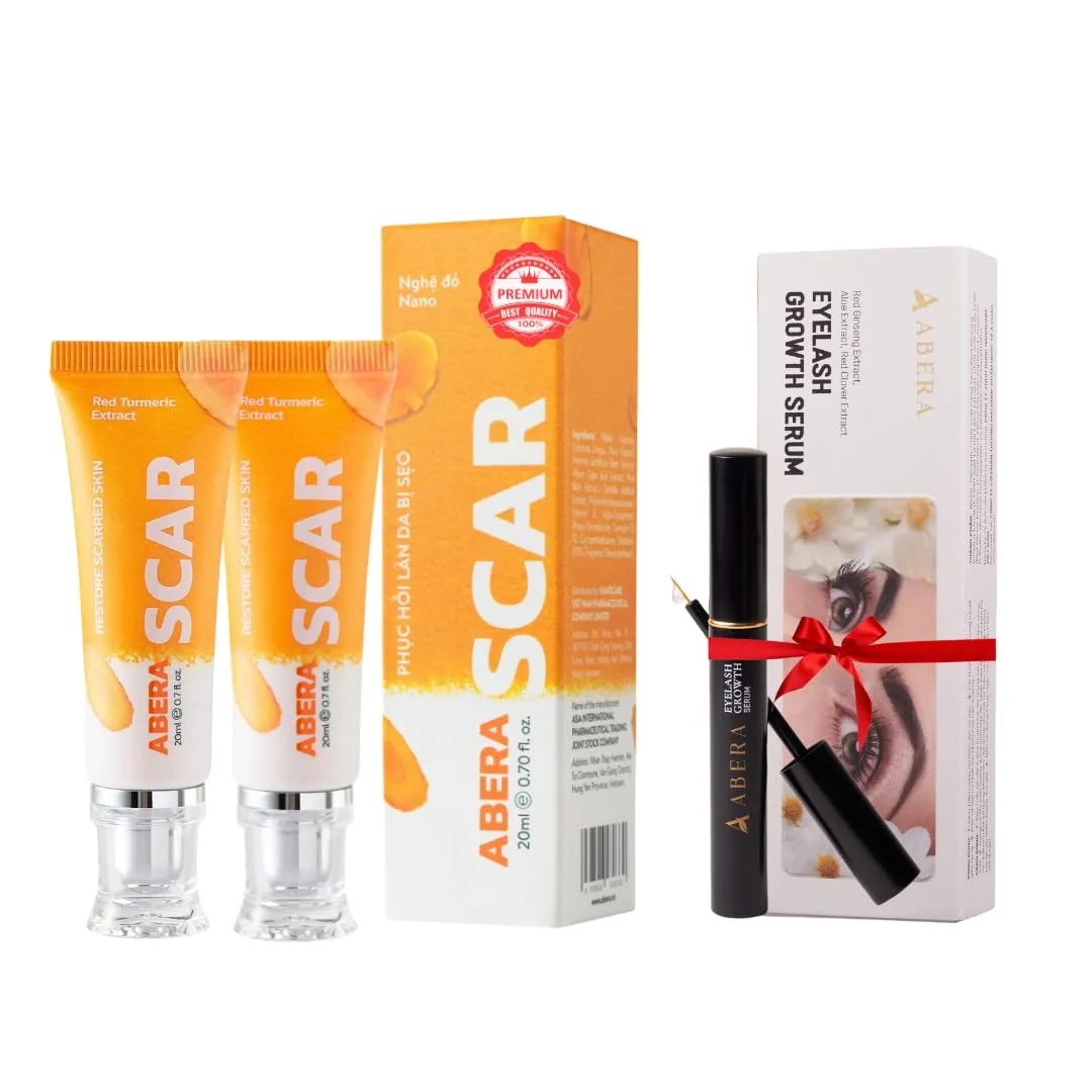 Abera Scar Removal Cream for Face and Body - Rapid Repair of New Old Scars, Spots, Burns All Natural Treatment with Vitamin E, Alanine, Collagen (2 Boxes   Gift Eyelash Serum)