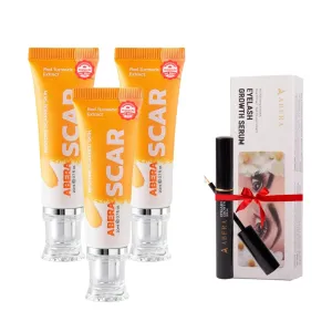 Abera Scar Removal Cream for Face and Body - Rapid Repair of New Old Scars, Spots, Burns All Natural Treatment with Vitamin E, Alanine, Collagen (3 Boxes   Gift Eyelash Serum)