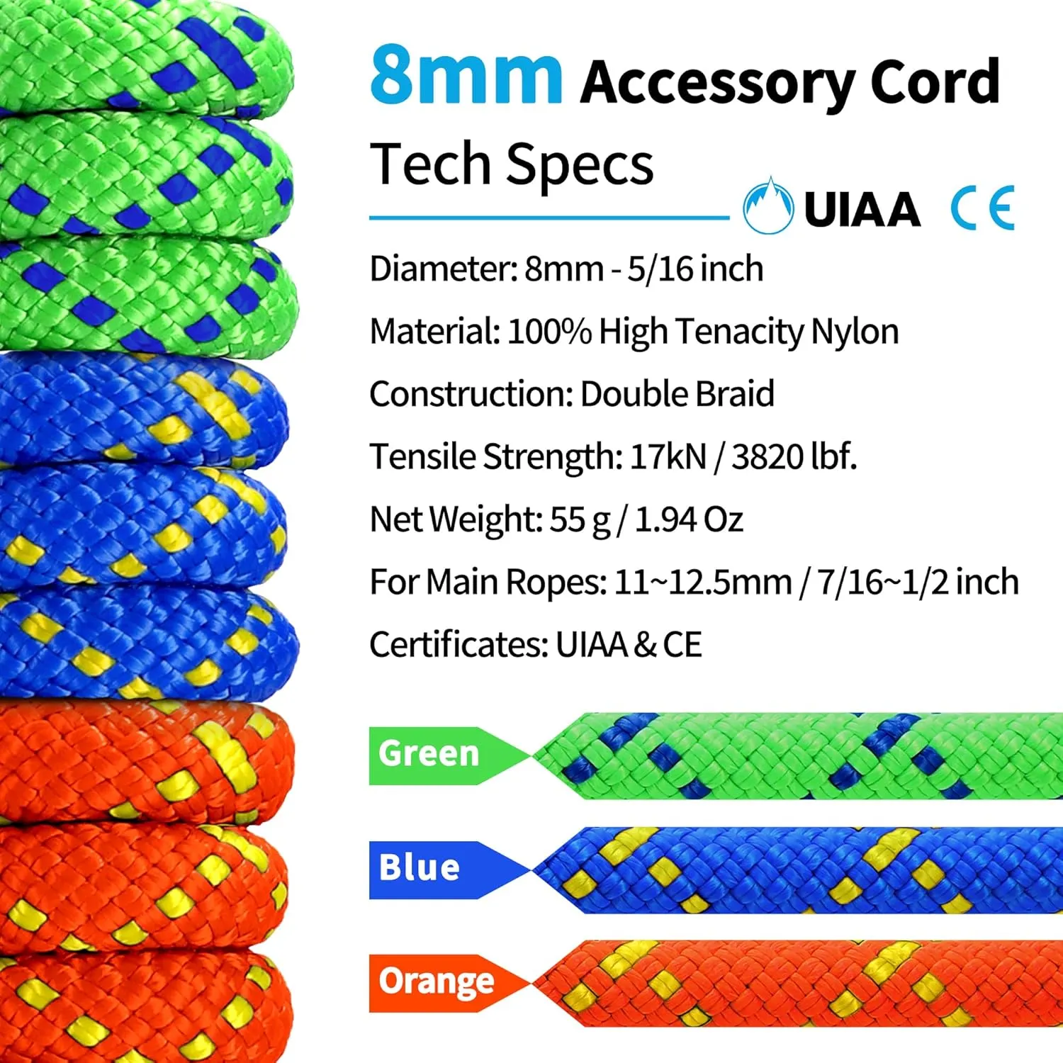 Accessory Cord Prusik Cord Loop 8mm (5/16in) 30M(100ft) Double Braid Pre Cut Nylon Utility Cord Tree Rope CE/UIAA High Tensile Strength for Ice Climbing, Arborist, Mountaineering, Canyoneering
