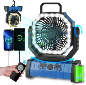 ADUST Camping Fan Battery Operated Powered Fan with LED Lantern Light 20000mAh Rechargeable Portable Oscillating, 360° Rotation Hanging Hook for Tents, Cordless USB Desk Fan(Blue)