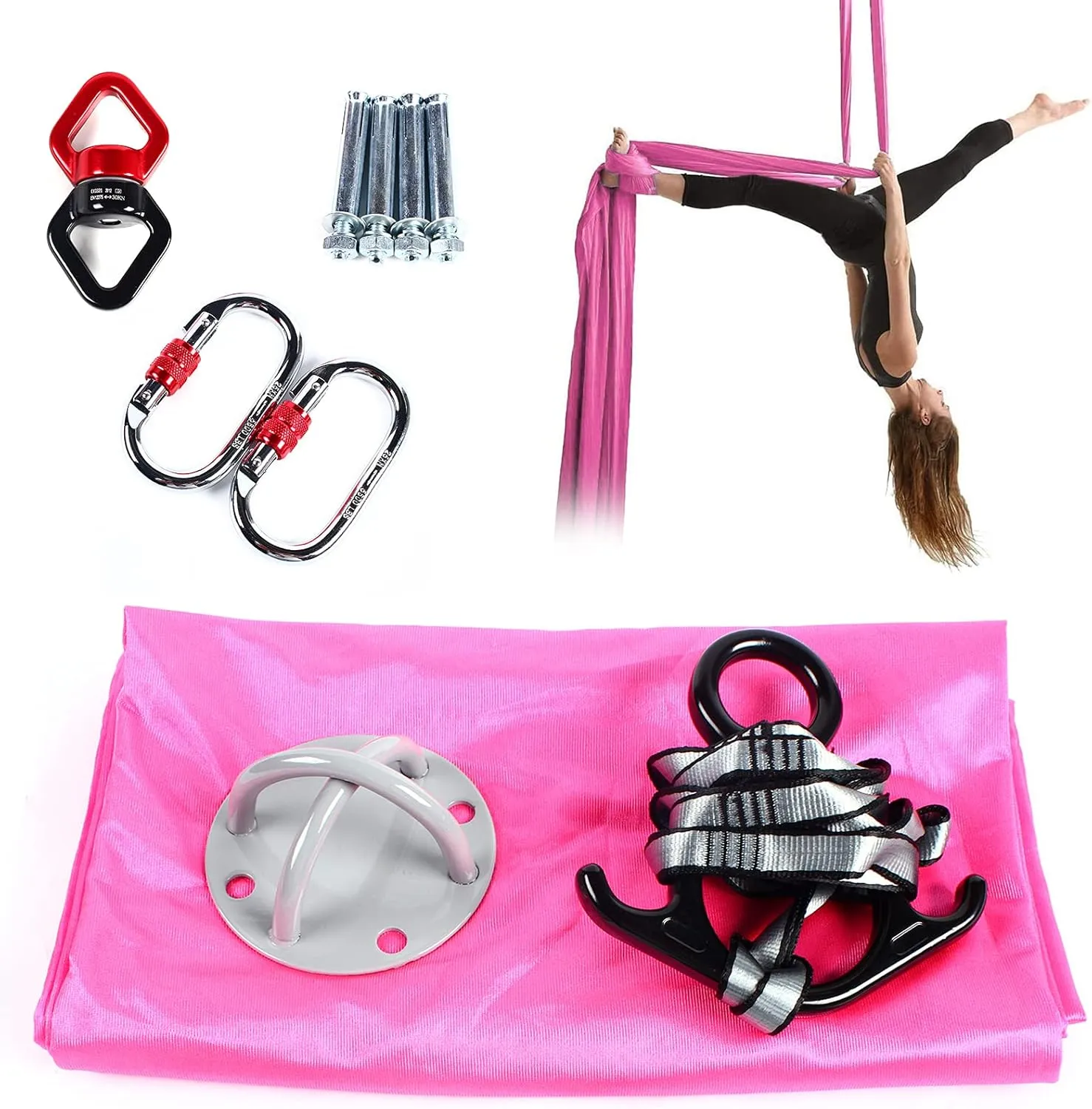 Aerial Silks Starter Kit Yoga Swing Set Equipment for Aerial Yoga, 3 Yards Aerial Yoga Hammock kit with Hardware, Aerial Swing for Acrobatic Flying Yoga & All Levels