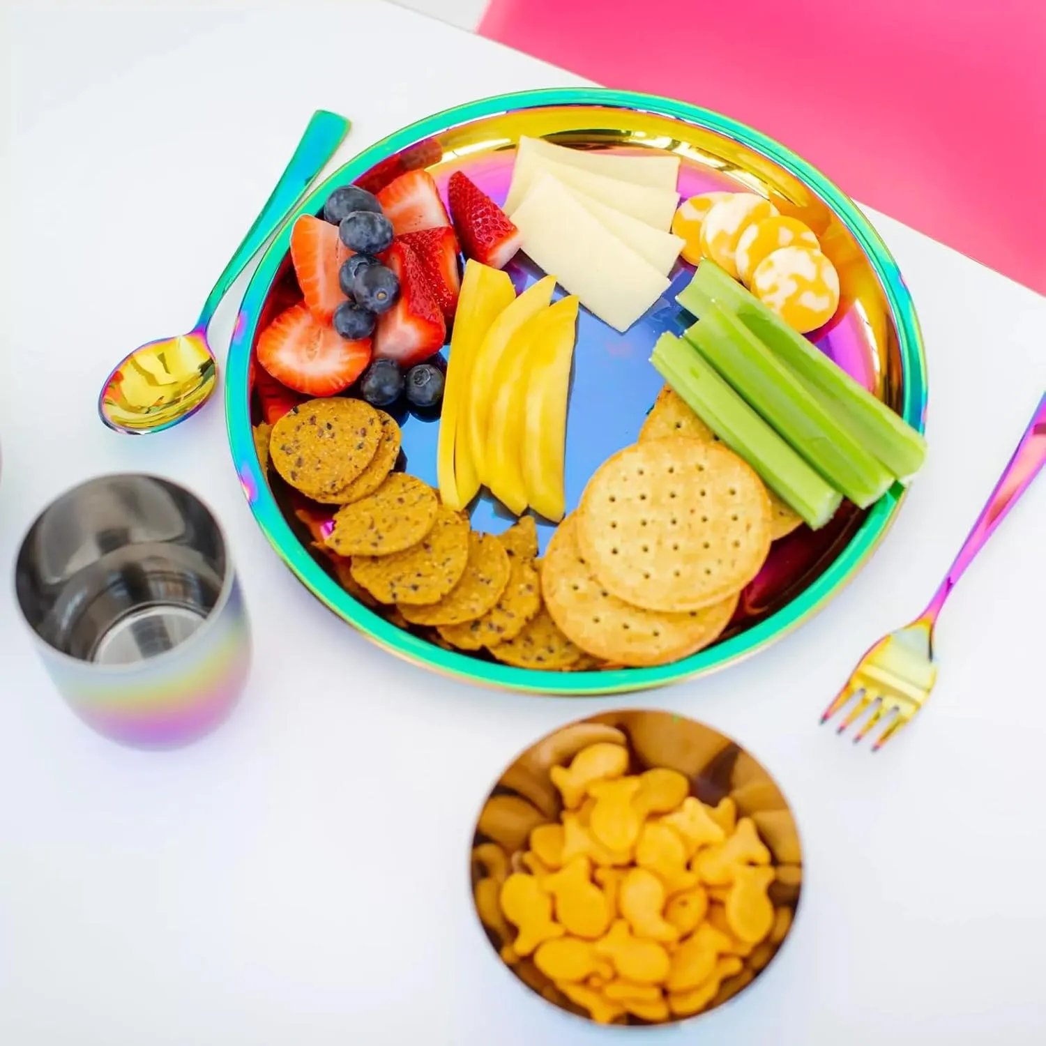 Ahimsa Stainless Steel Kids Plates - 9" Round Rainbow Toddler Plates, Non Toxic Plate, BPA Free & Dishwasher Safe (Single)