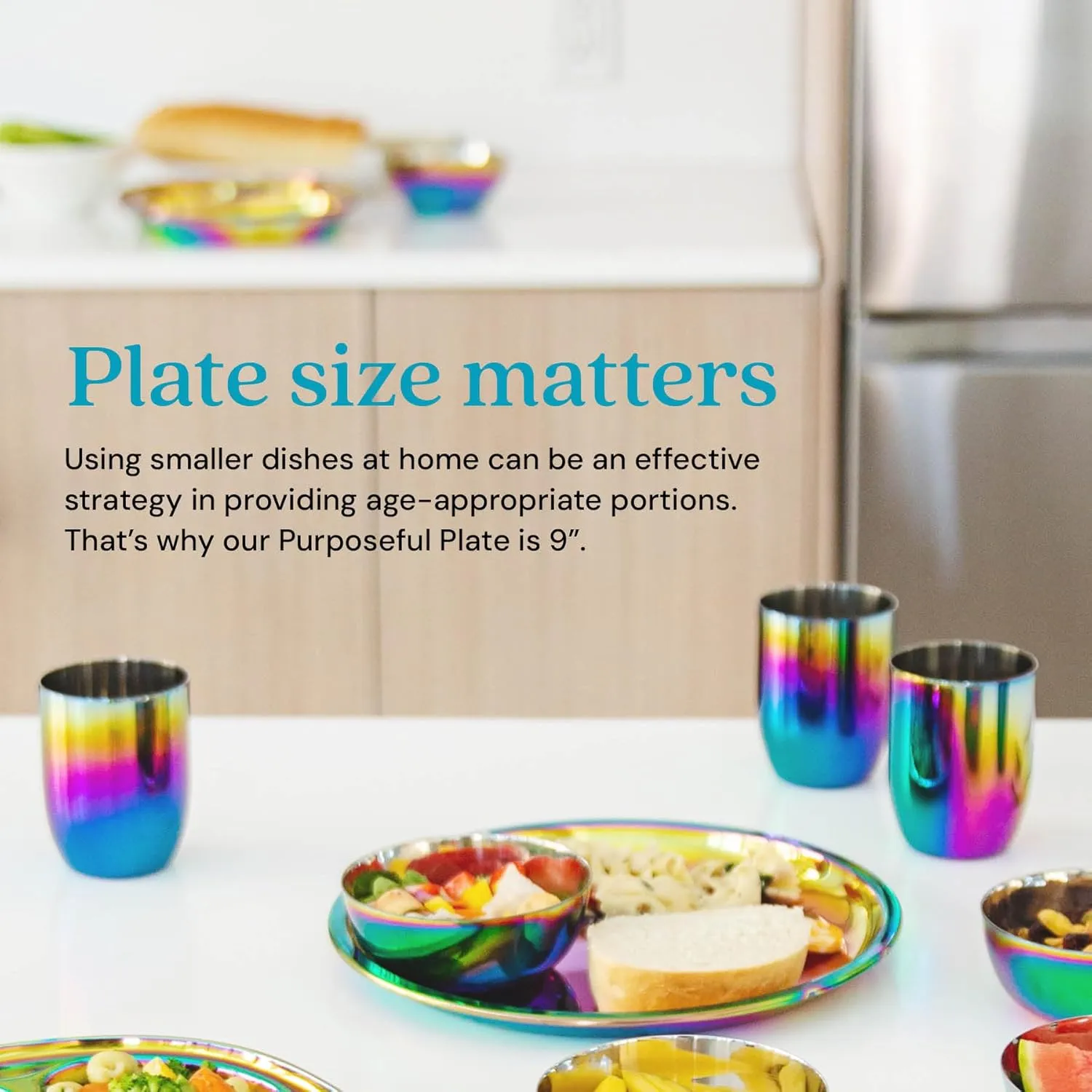 Ahimsa Stainless Steel Kids Plates - 9" Round Rainbow Toddler Plates, Non Toxic Plate, BPA Free & Dishwasher Safe (Single)