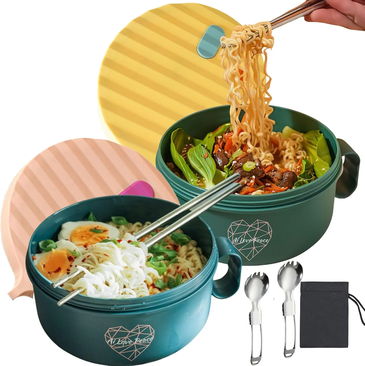 AI LOVE PEACE Ramen Bowls, 40 oz Large Microwavable Noodle Bowls (1 Pink, 1 Green) with Chopsticks, Sporks, and Utensil Bag, Portable Microwave Bowl for Home, Office, Dorm, or College Gift.