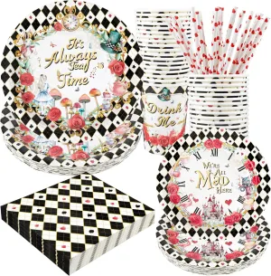 Alice Party Supplies Decorations, Tea Party Theme Birthday Baby Shower Paper Plates and Napkins Set with Cups and Straws for 24 Guests, 120 Pcs Disposable Party Dessert Dinnerwares
