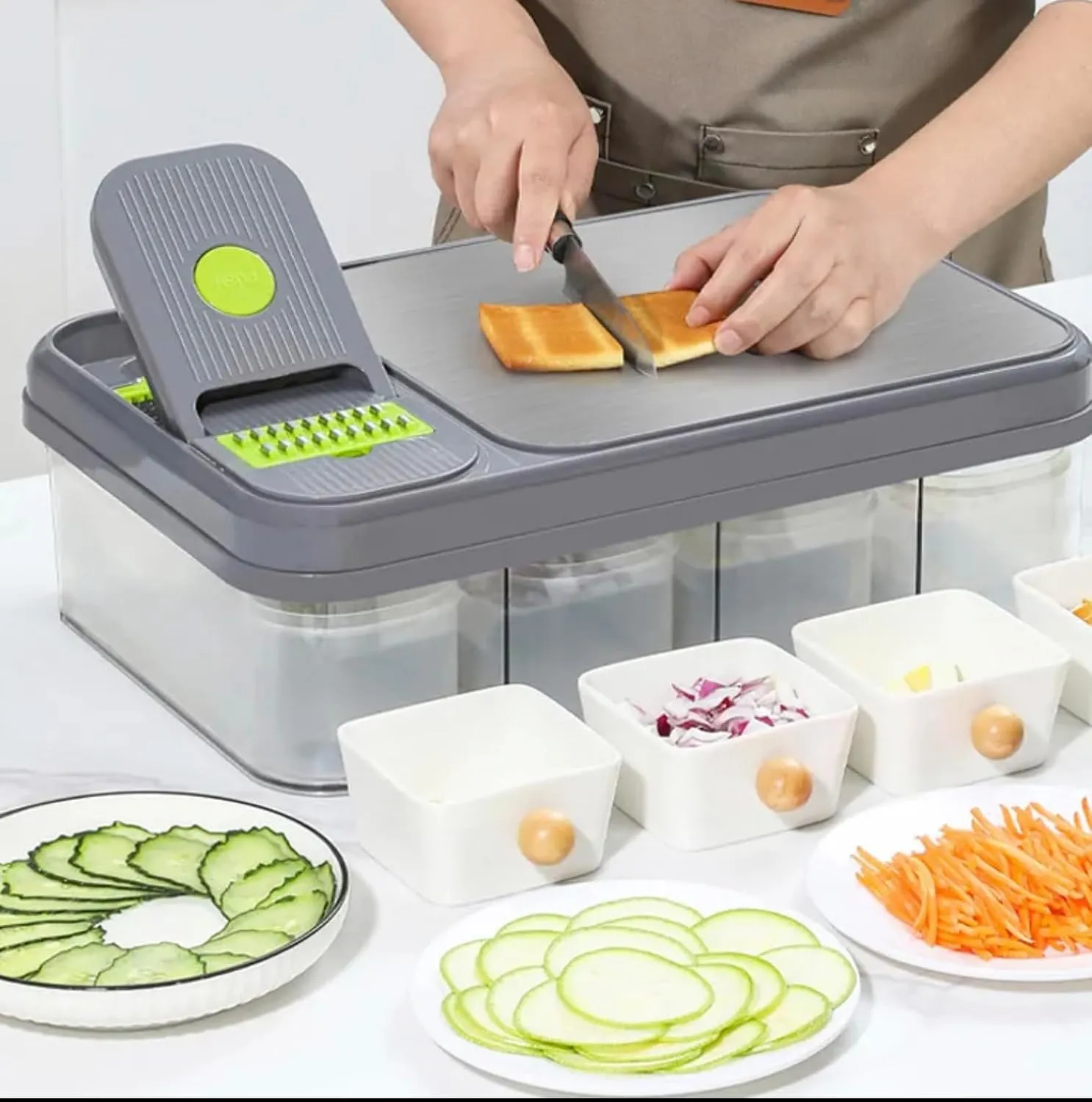 All-In-1 Veggie Prep Station with Built-In Cutting Board,Vegetable Chopper with Blades-Mandoline Slicer-Salad Onion Potatoe Dicer Cutter,Cheese Grater-Stainless Steel Pro Food Chopper with Container