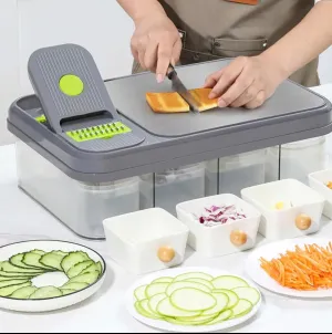 All-In-1 Veggie Prep Station with Built-In Cutting Board,Vegetable Chopper with Blades-Mandoline Slicer-Salad Onion Potatoe Dicer Cutter,Cheese Grater-Stainless Steel Pro Food Chopper with Container