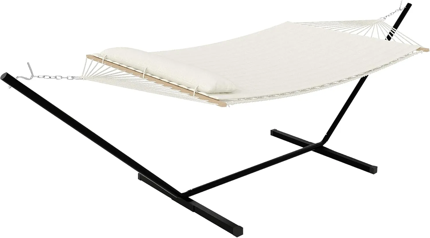 All-Season Double Hammock with Stand – Heavys Duty 475 Lbs Capacity, Ultra-Comfortable Cotton Rope & Quick-Dry Pad – Perfect for Backyard, Camping, or Indoor Lounging, Beige