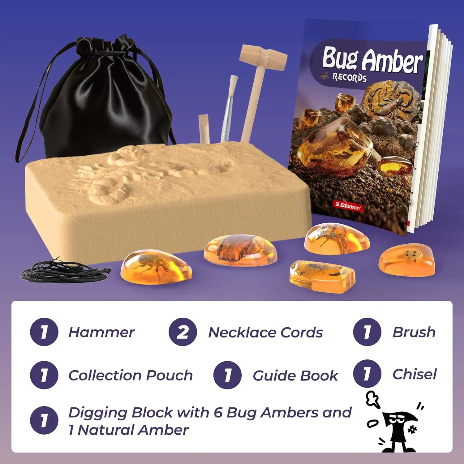 Amber Dig Kit - 6 Artificial Insect Resin Specimens, Bugs Fossil Excavation Set with Natural Amber, STEM Inspired Educational Toy for Kids Ages 6-12, Birthday Ideal Gift for Boys & Girls