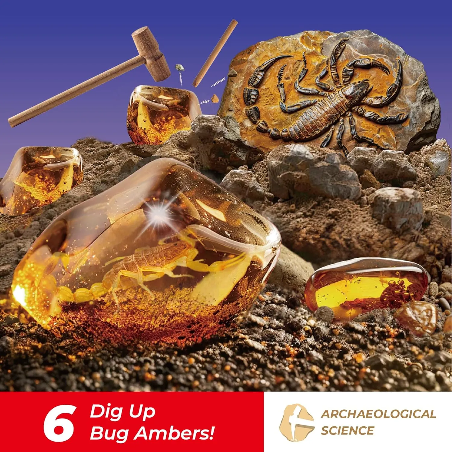 Amber Dig Kit - 6 Artificial Insect Resin Specimens, Bugs Fossil Excavation Set with Natural Amber, STEM Inspired Educational Toy for Kids Ages 6-12, Birthday Ideal Gift for Boys & Girls