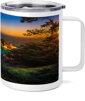 Ambesonne Big Sur 10 Oz Steel Mug, Carmel California Exotic Scene with McWay Falls and Tropic Botany at Dusk, Vacuum Insulated Leak-resistant Cup for Outdoor Hiking and Picnics, Multicolor