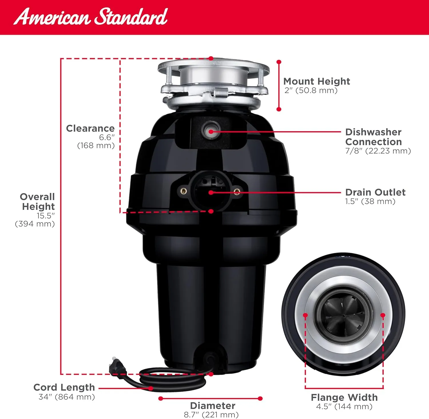 American Standard 10-US-AS-12 Garbage Disposer, 1.25 HP, Black