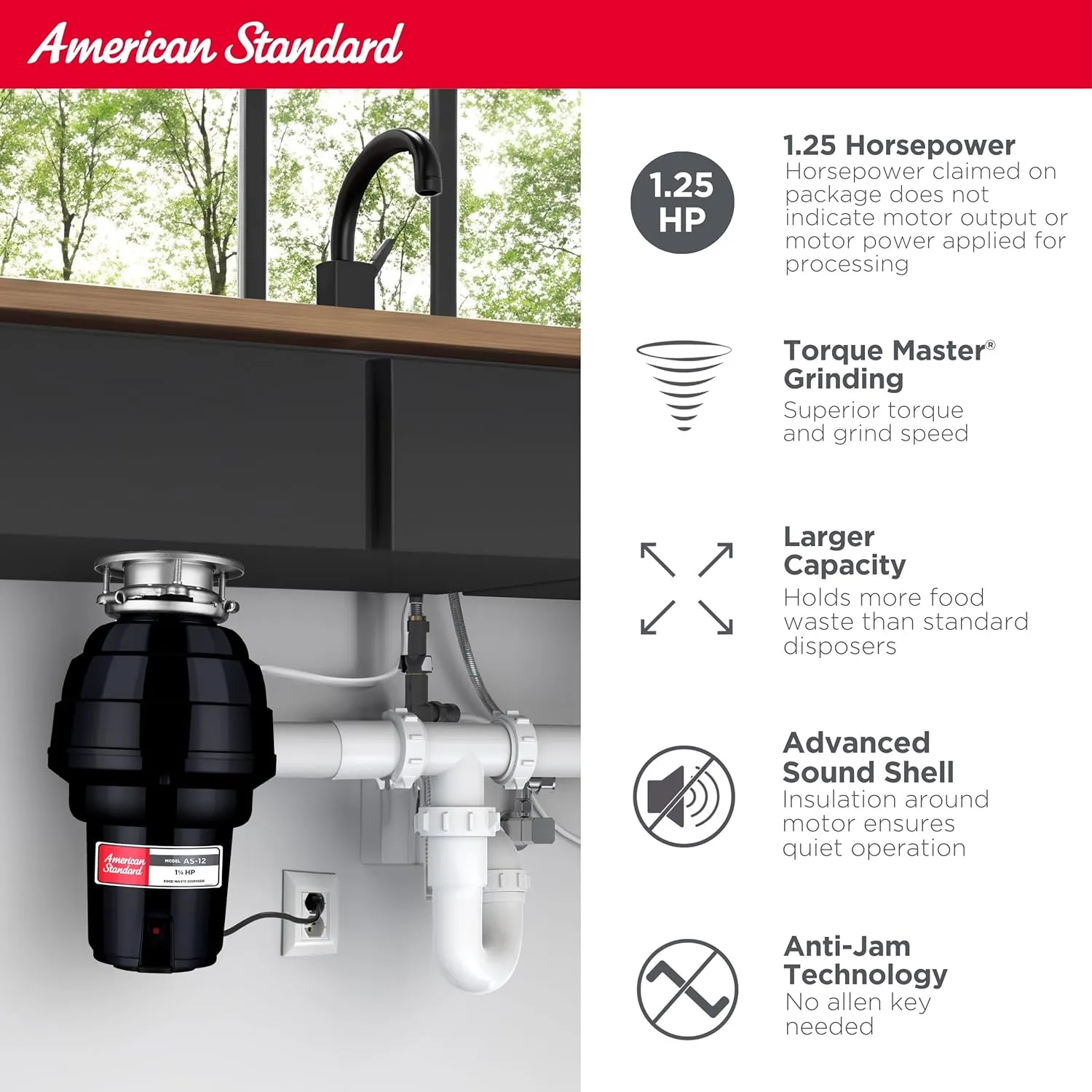 American Standard 10-US-AS-12 Garbage Disposer, 1.25 HP, Black