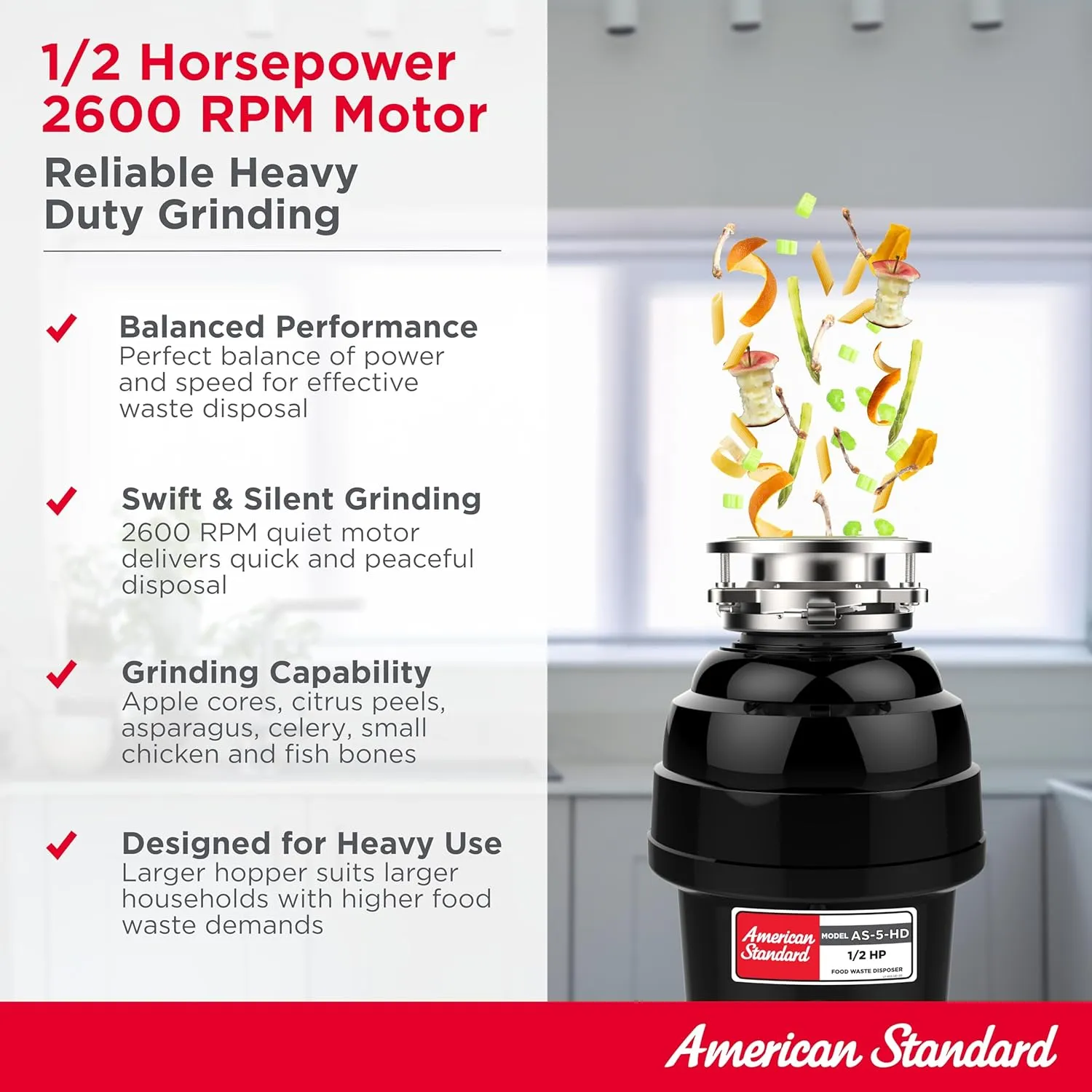 American Standard 10-US-AS-5-HD Garbage Disposer, 1/2 HP Heavy Duty, Black