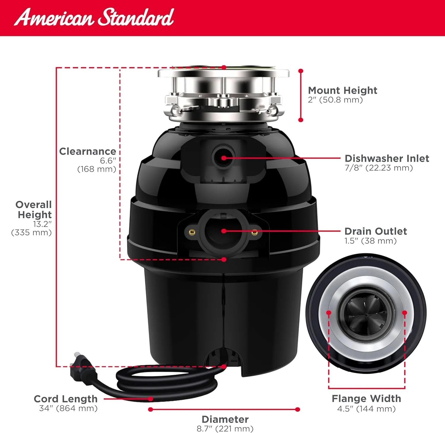 American Standard 10-US-AS-5-HD Garbage Disposer, 1/2 HP Heavy Duty, Black