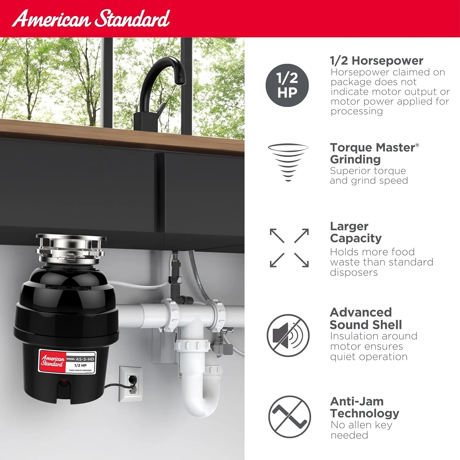American Standard 10-US-AS-5-HD Garbage Disposer, 1/2 HP Heavy Duty, Black
