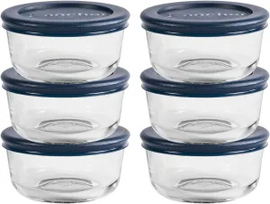 Anchor Hocking 1 Cup Glass Storage Containers with Lids, Set of 6 Glass Food Storage Containers with Navy Blue SnugFit Lids