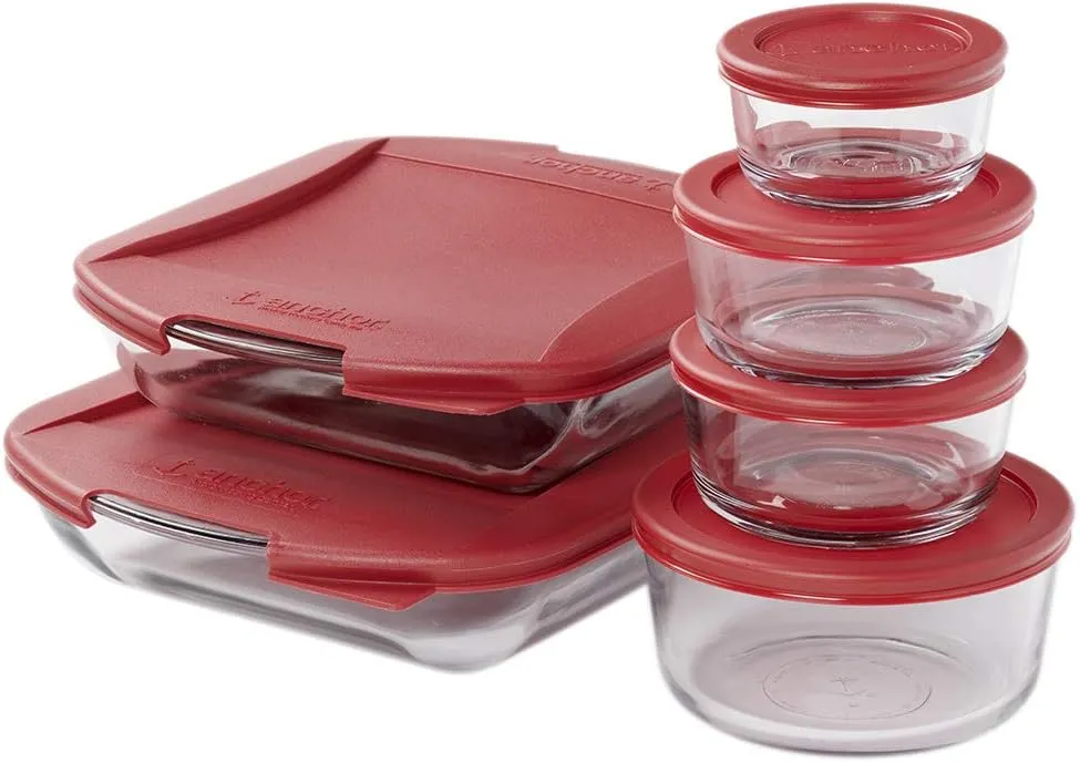 Anchor Hocking 12 Piece Glass Food Storage and Embrace Baking Dish Set with Cherry BPA-Free SnugFit Lids, Microwave, Oven, Freezer, and Dishwasher Safe