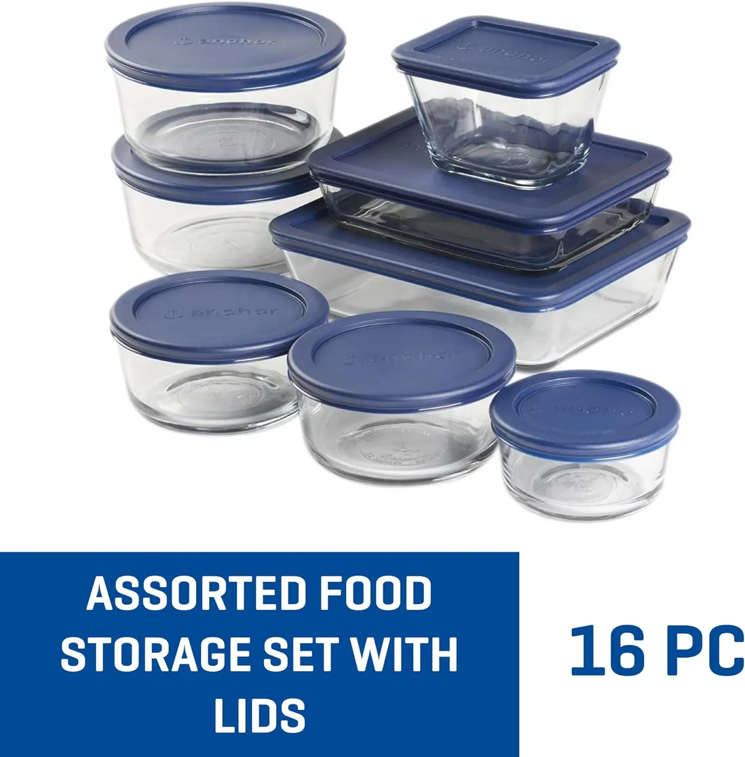 Anchor Hocking 16 Piece Glass Storage Containers with Lids (8 Glass Food Storage Containers & 8 Navy Blue SnugFit Lids)