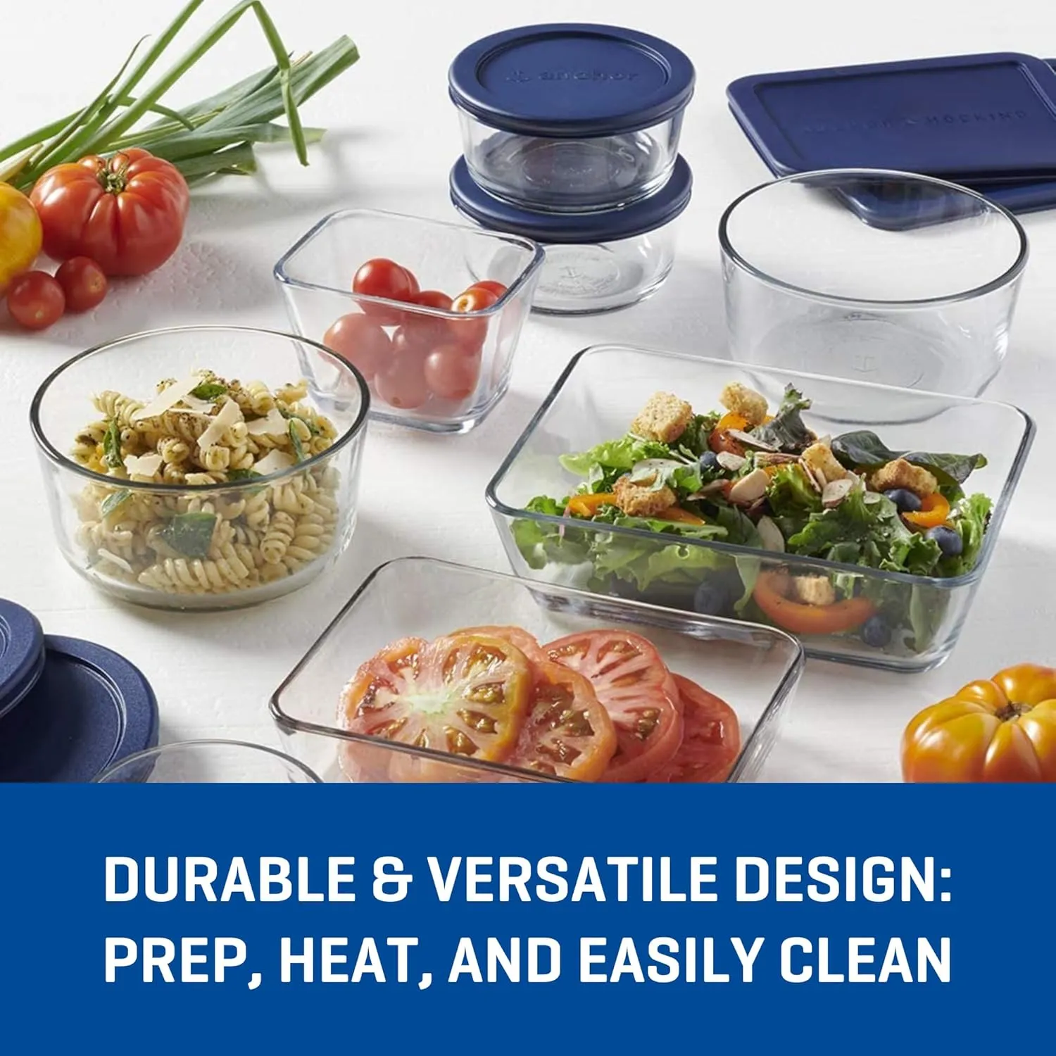 Anchor Hocking 16 Piece Glass Storage Containers with Lids (8 Glass Food Storage Containers & 8 Navy Blue SnugFit Lids)